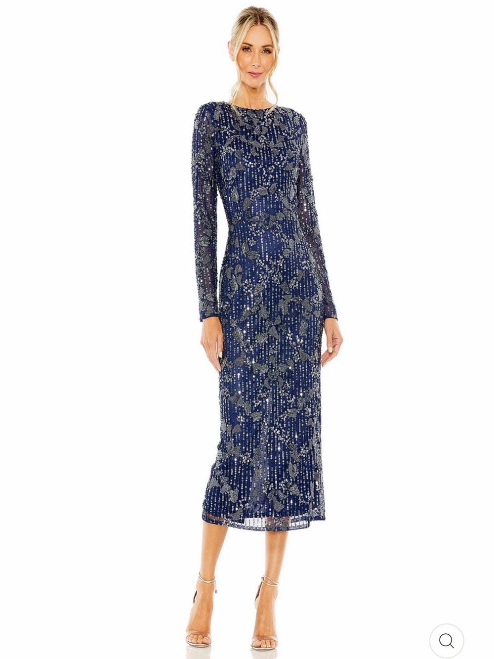 Mac Duggal Navy Beaded Long Sleeve Midi Dress #5988 NWT